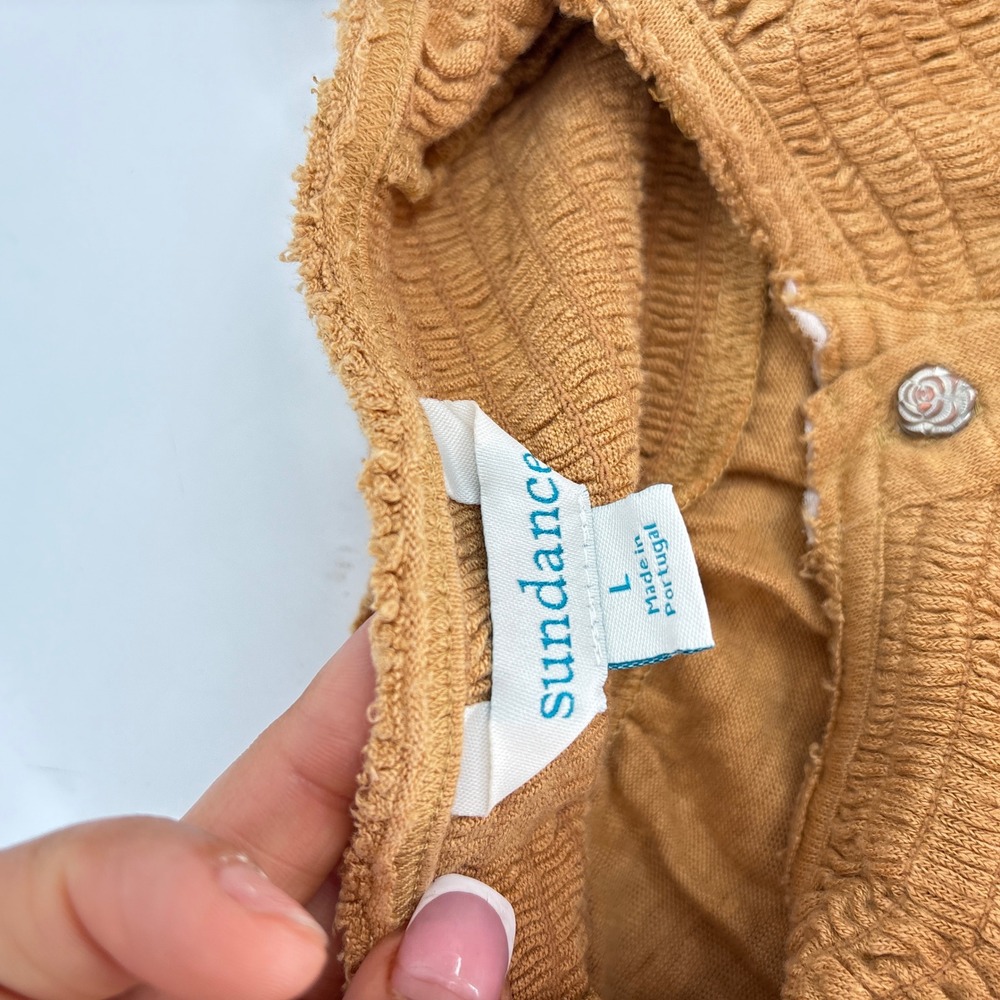 Sundance Smocked Long Sleeve Top Blouse Tan Size Large Linen - Picture 7 of 8
